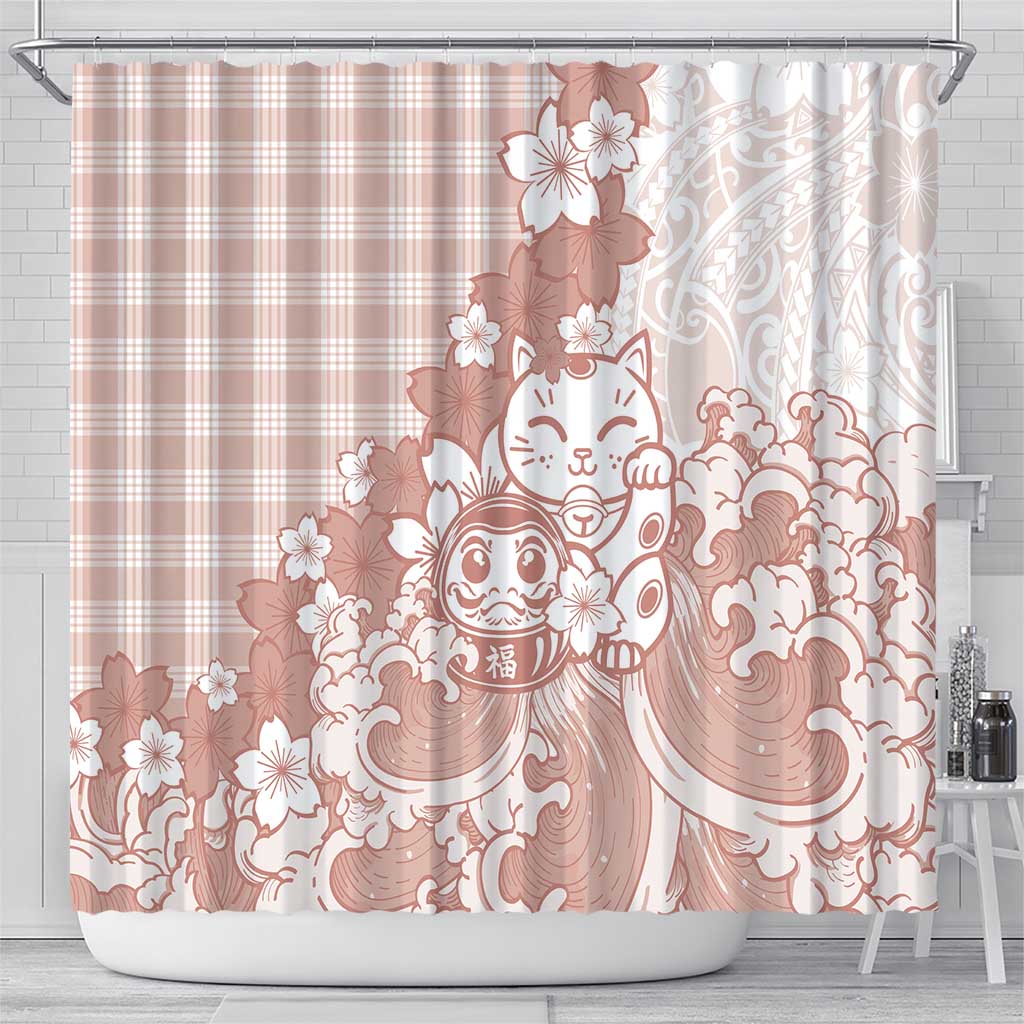 Beige Palaka Hawaiian And Japanese Shower Curtain Maneki Neko And Sakura Bloom DT05 - Polynesian Pride