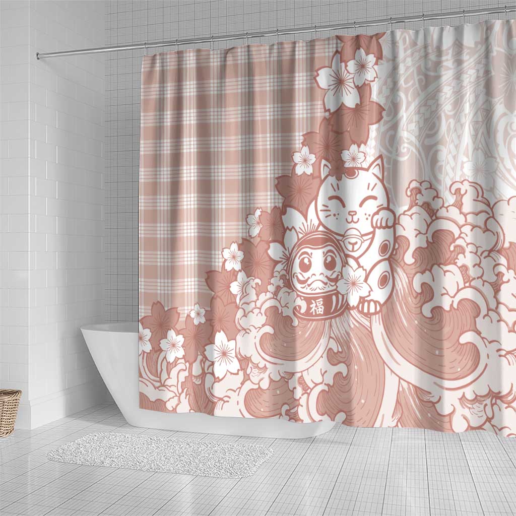 Beige Palaka Hawaiian And Japanese Shower Curtain Maneki Neko And Sakura Bloom DT05 - Polynesian Pride
