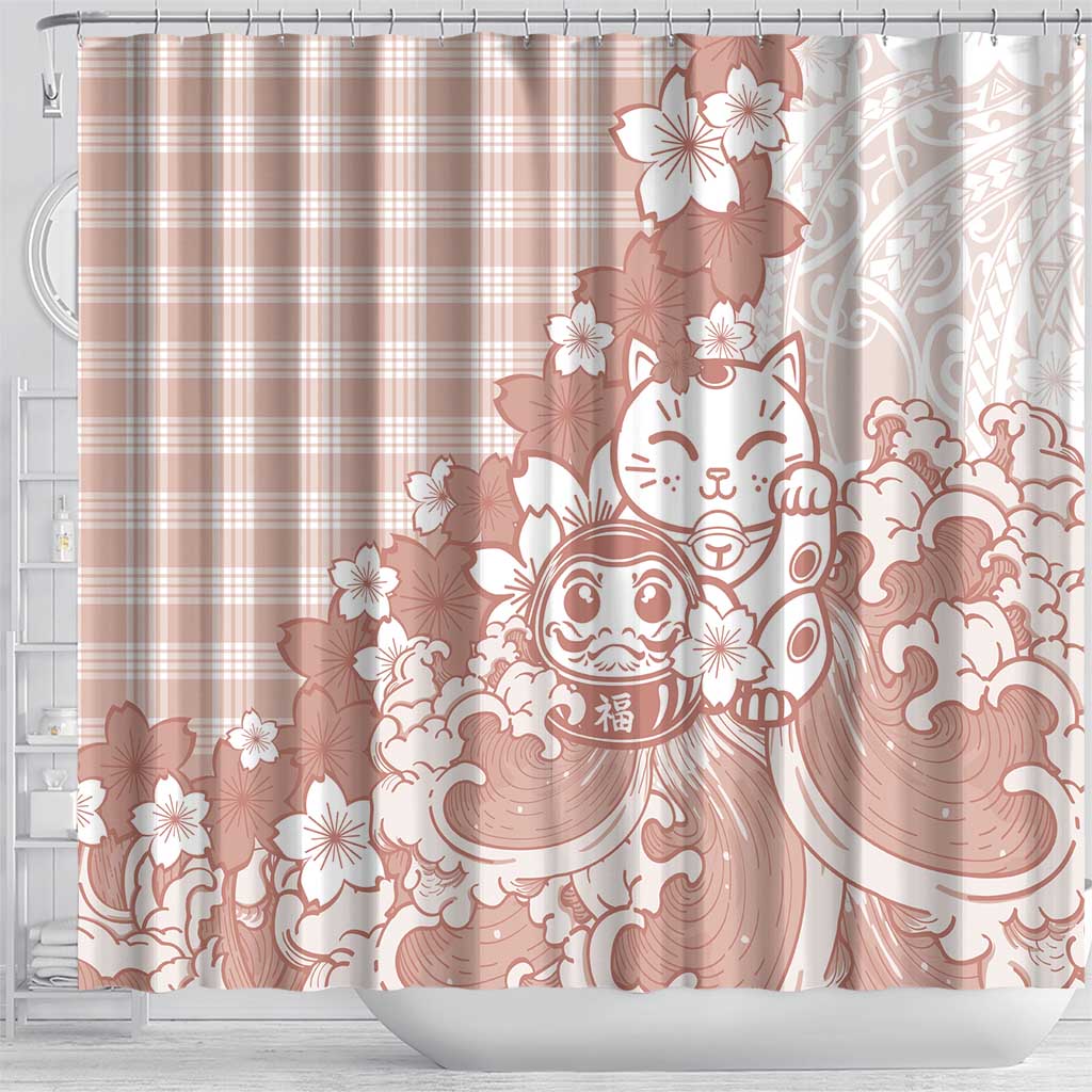 Beige Palaka Hawaiian And Japanese Shower Curtain Maneki Neko And Sakura Bloom DT05 - Polynesian Pride