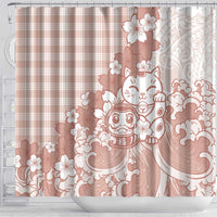 Beige Palaka Hawaiian And Japanese Shower Curtain Maneki Neko And Sakura Bloom DT05 - Polynesian Pride