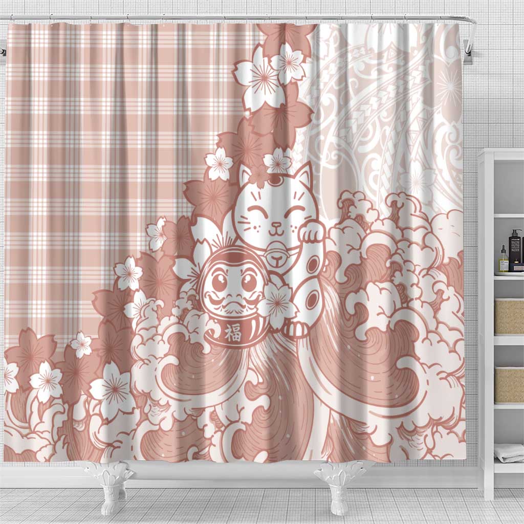 Beige Palaka Hawaiian And Japanese Shower Curtain Maneki Neko And Sakura Bloom DT05 - Polynesian Pride