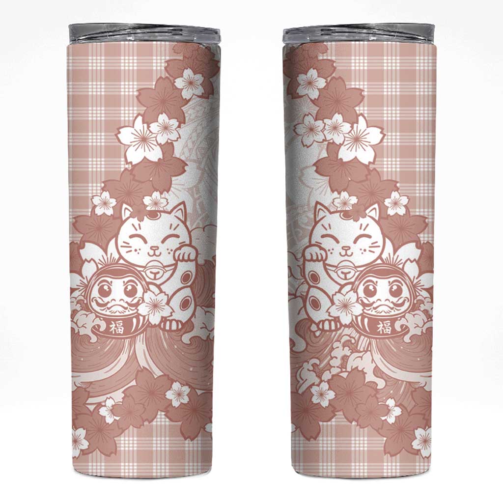 Beige Palaka Hawaiian And Japanese Skinny Tumbler Maneki Neko And Sakura Bloom DT05 Beige - Polynesian Pride