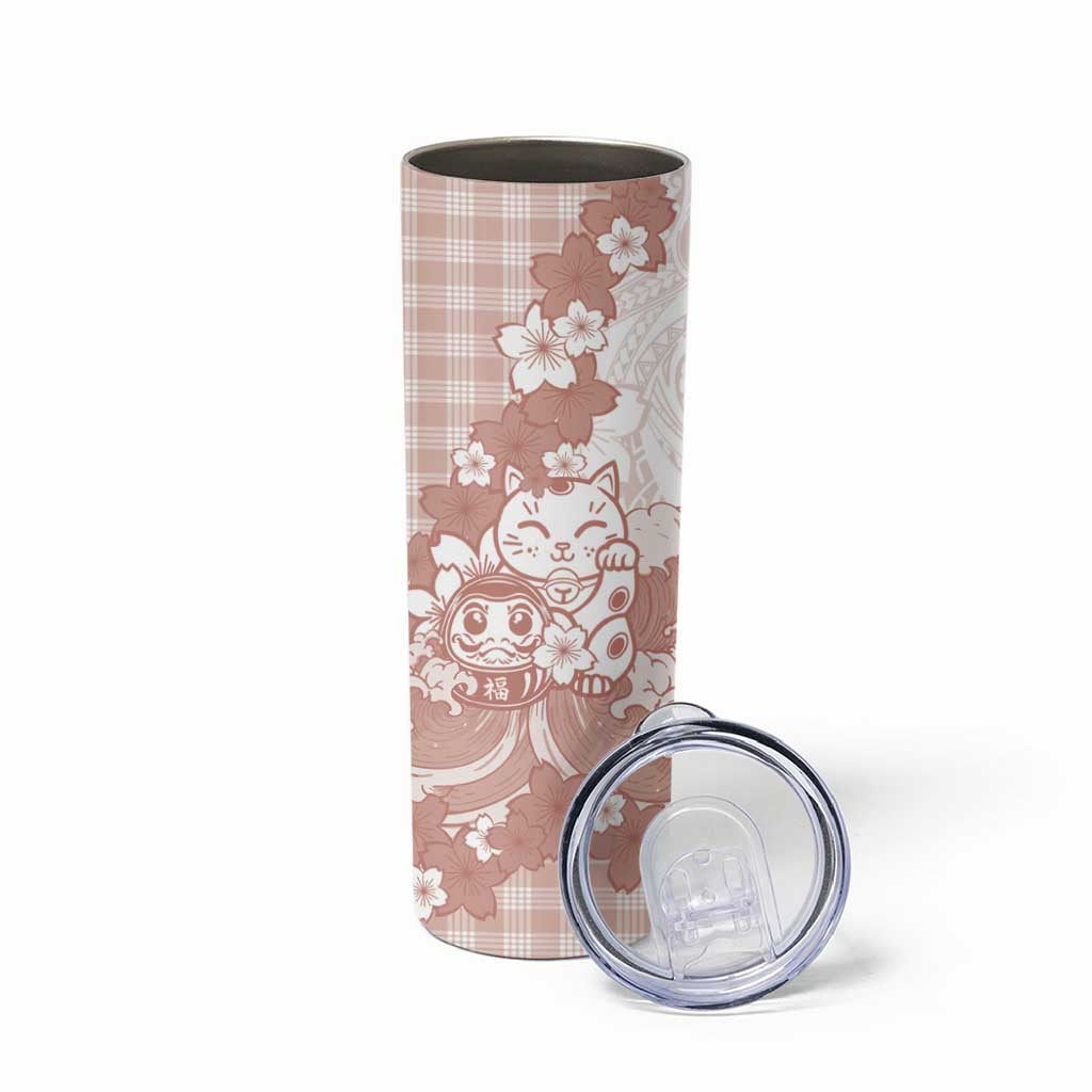 Beige Palaka Hawaiian And Japanese Skinny Tumbler Maneki Neko And Sakura Bloom DT05 - Polynesian Pride