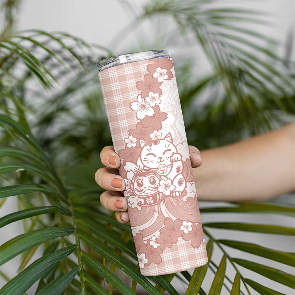 Beige Palaka Hawaiian And Japanese Skinny Tumbler Maneki Neko And Sakura Bloom DT05 - Polynesian Pride