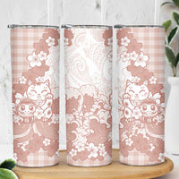 Beige Palaka Hawaiian And Japanese Skinny Tumbler Maneki Neko And Sakura Bloom DT05 - Polynesian Pride