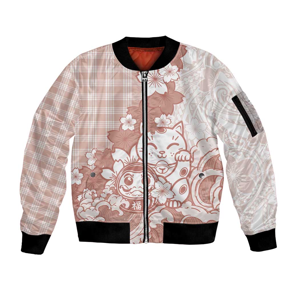 Beige Palaka Hawaiian And Japanese Sleeve Zip Bomber Jacket Maneki Neko And Sakura Bloom DT05 Unisex Beige - Polynesian Pride