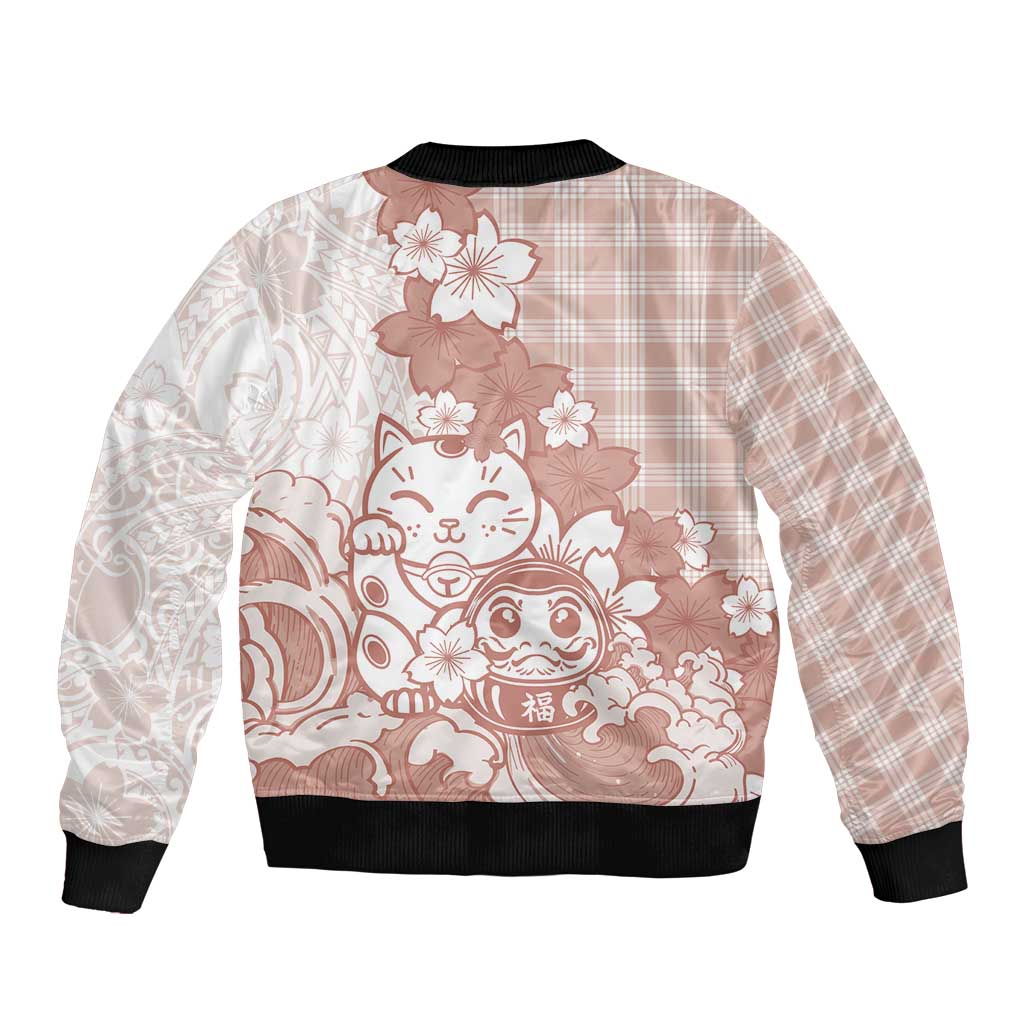 Beige Palaka Hawaiian And Japanese Sleeve Zip Bomber Jacket Maneki Neko And Sakura Bloom DT05 - Polynesian Pride