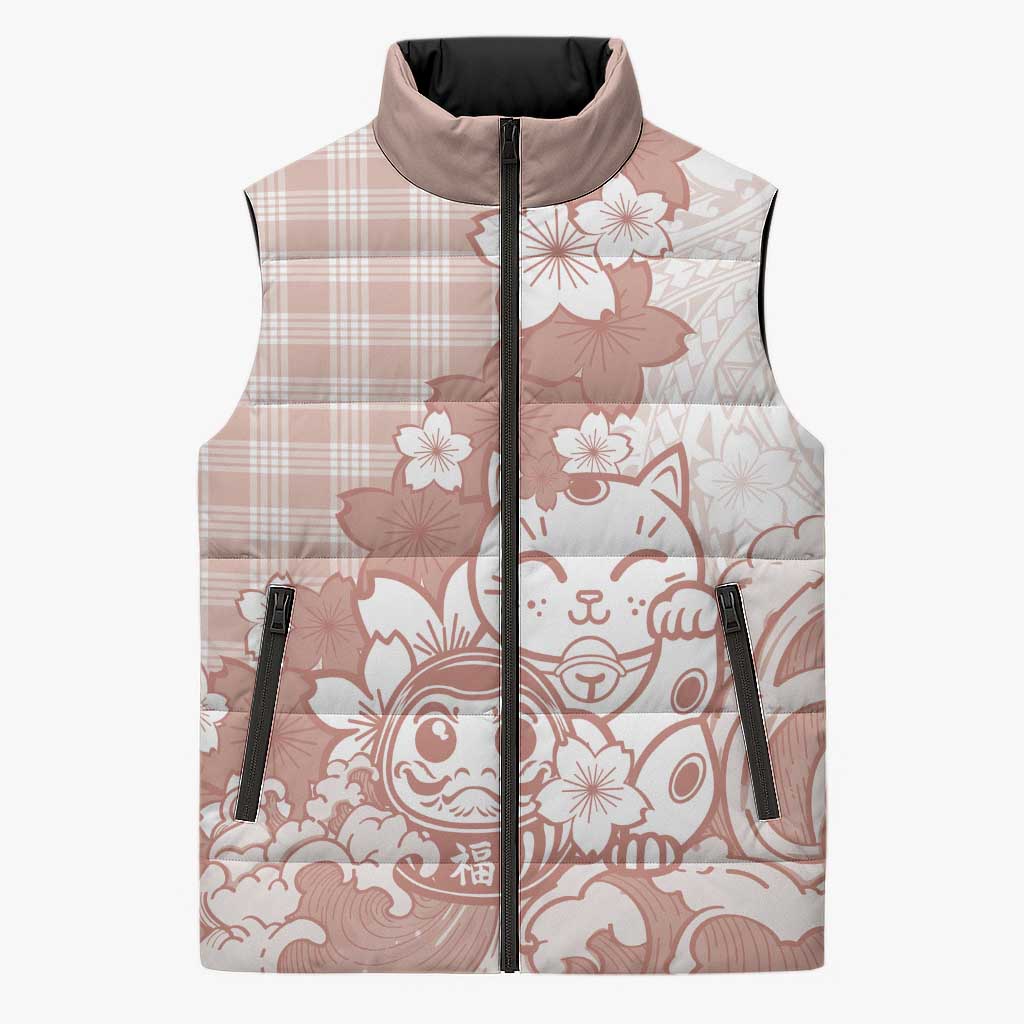Beige Palaka Hawaiian And Japanese Sleeveless Puffer Jacket Maneki Neko And Sakura Bloom