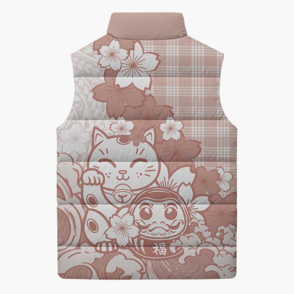 Beige Palaka Hawaiian And Japanese Sleeveless Puffer Jacket Maneki Neko And Sakura Bloom