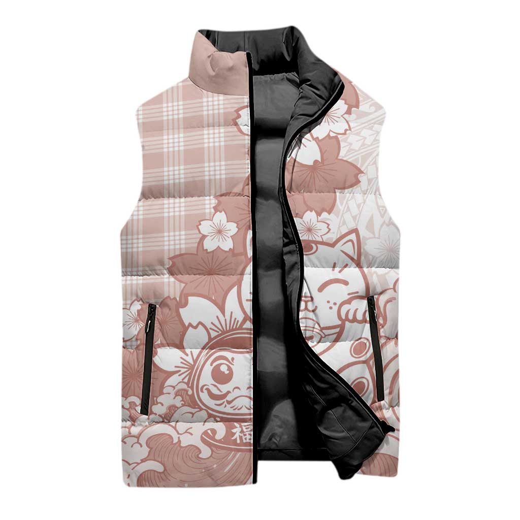 Beige Palaka Hawaiian And Japanese Sleeveless Puffer Jacket Maneki Neko And Sakura Bloom