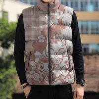 Beige Palaka Hawaiian And Japanese Sleeveless Puffer Jacket Maneki Neko And Sakura Bloom