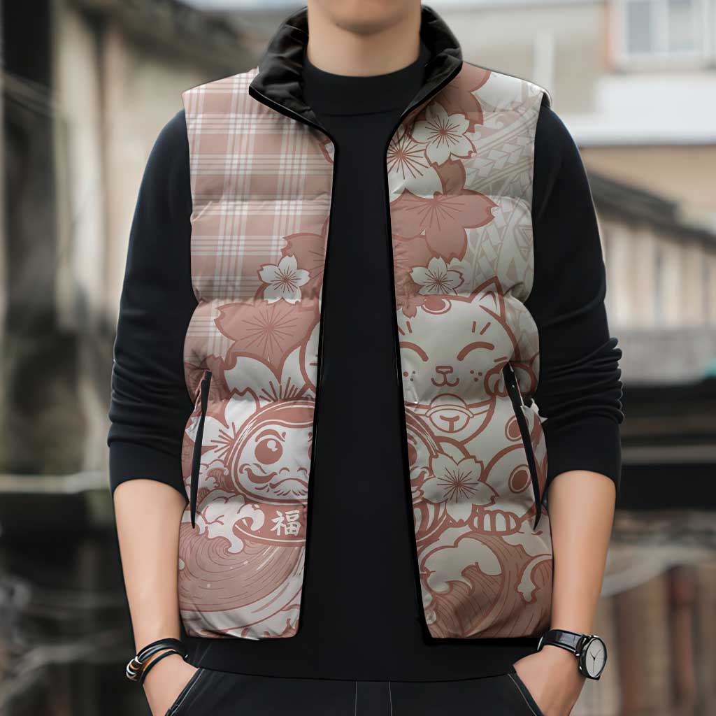 Beige Palaka Hawaiian And Japanese Sleeveless Puffer Jacket Maneki Neko And Sakura Bloom