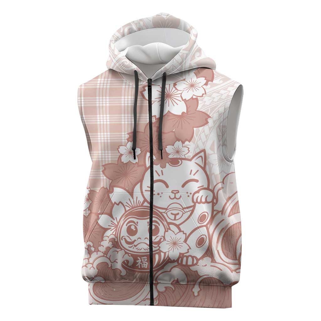 Beige Palaka Hawaiian And Japanese Sleeveless Zip Hoodie Maneki Neko And Sakura Bloom DT05 Beige - Polynesian Pride