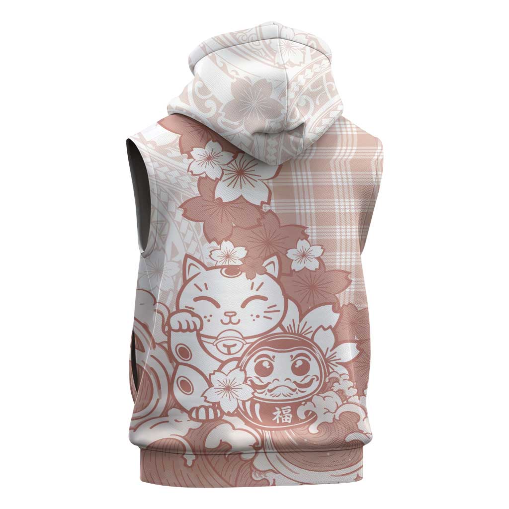 Beige Palaka Hawaiian And Japanese Sleeveless Zip Hoodie Maneki Neko And Sakura Bloom DT05 - Polynesian Pride