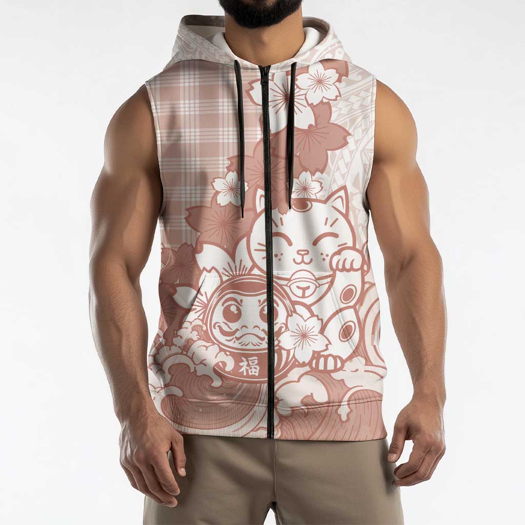 Beige Palaka Hawaiian And Japanese Sleeveless Zip Hoodie Maneki Neko And Sakura Bloom DT05 - Polynesian Pride