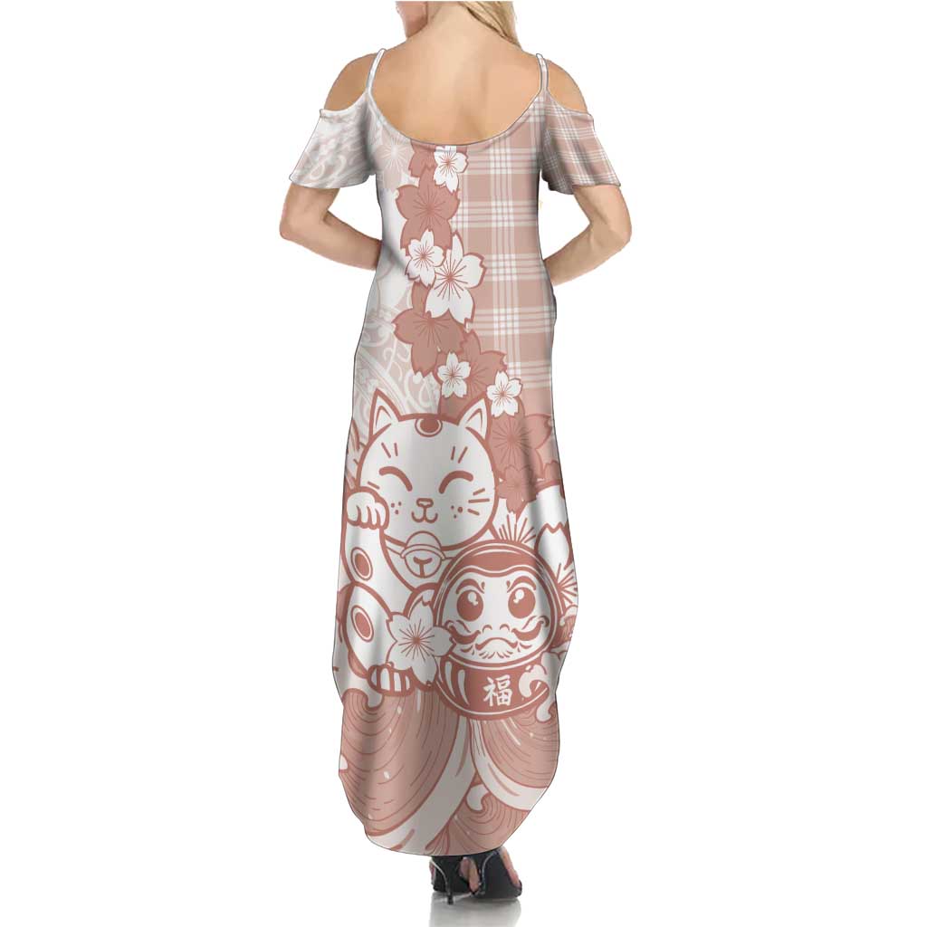 Beige Palaka Hawaiian And Japanese Summer Maxi Dress Maneki Neko And Sakura Bloom DT05 - Polynesian Pride