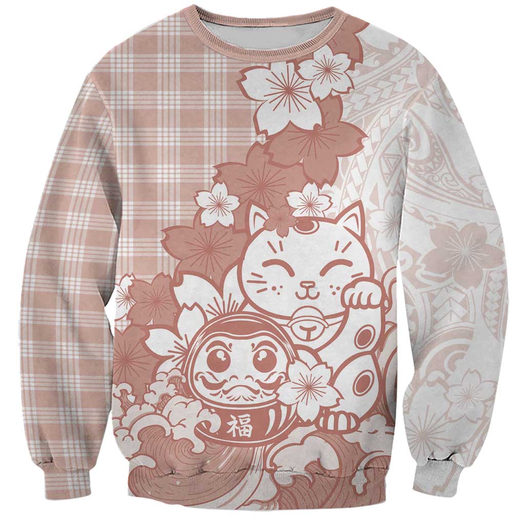 Beige Palaka Hawaiian And Japanese Sweatshirt Maneki Neko And Sakura Bloom DT05 Unisex Beige - Polynesian Pride