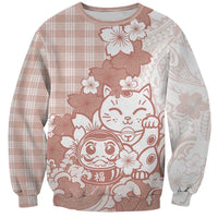 Beige Palaka Hawaiian And Japanese Sweatshirt Maneki Neko And Sakura Bloom DT05 Unisex Beige - Polynesian Pride