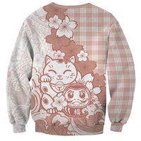 Beige Palaka Hawaiian And Japanese Sweatshirt Maneki Neko And Sakura Bloom DT05 - Polynesian Pride