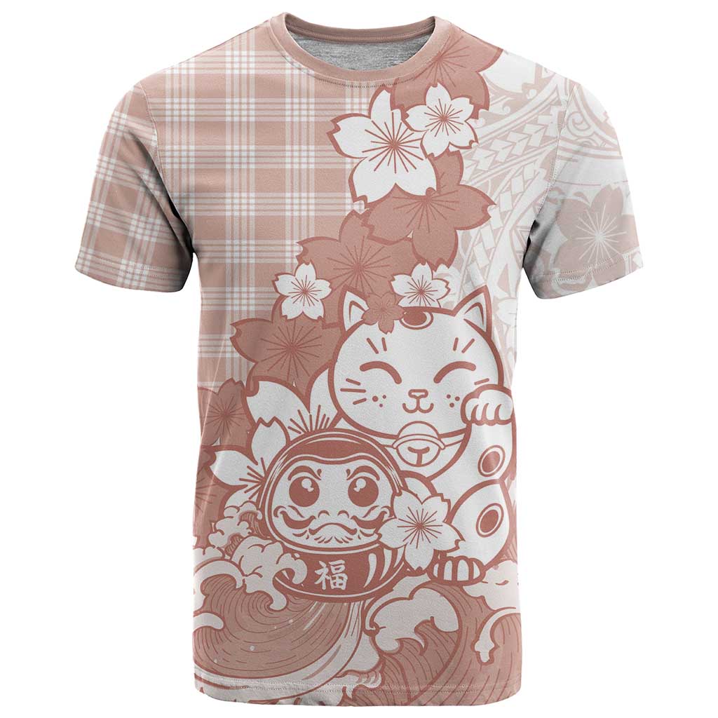 Beige Palaka Hawaiian And Japanese T Shirt Maneki Neko And Sakura Bloom DT05 Beige - Polynesian Pride