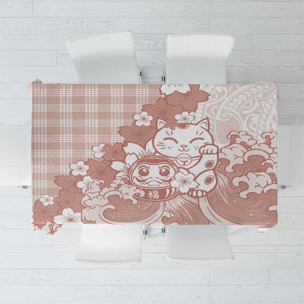 Beige Palaka Hawaiian And Japanese Tablecloth Maneki Neko And Sakura Bloom DT05 Beige - Polynesian Pride