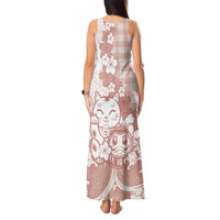Beige Palaka Hawaiian And Japanese Tank Maxi Dress Maneki Neko And Sakura Bloom DT05 - Polynesian Pride