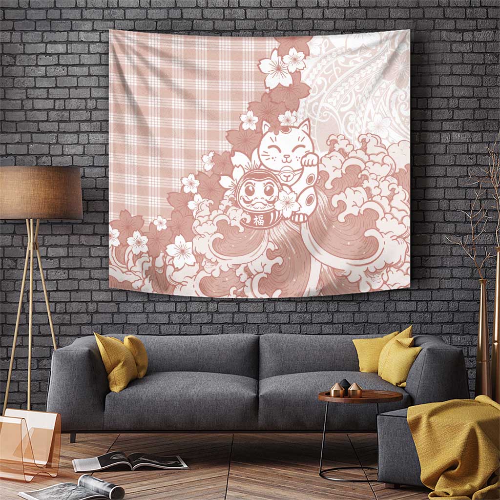 Beige Palaka Hawaiian And Japanese Tapestry Maneki Neko And Sakura Bloom DT05 Beige - Polynesian Pride