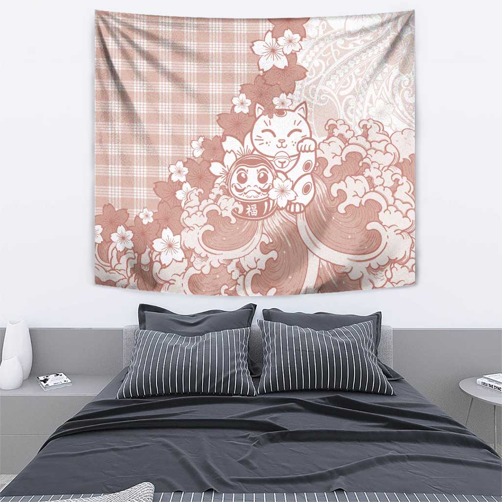 Beige Palaka Hawaiian And Japanese Tapestry Maneki Neko And Sakura Bloom DT05 - Polynesian Pride