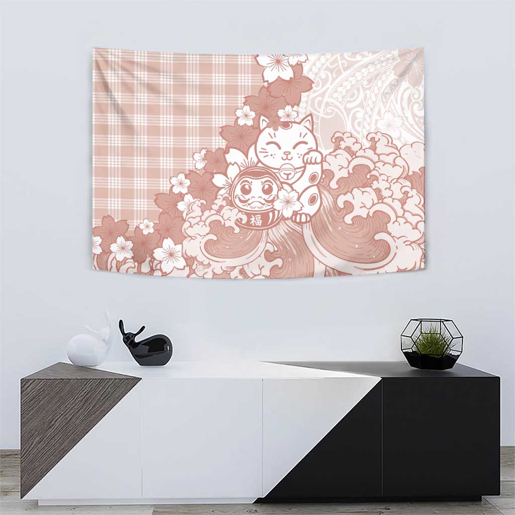 Beige Palaka Hawaiian And Japanese Tapestry Maneki Neko And Sakura Bloom DT05 - Polynesian Pride
