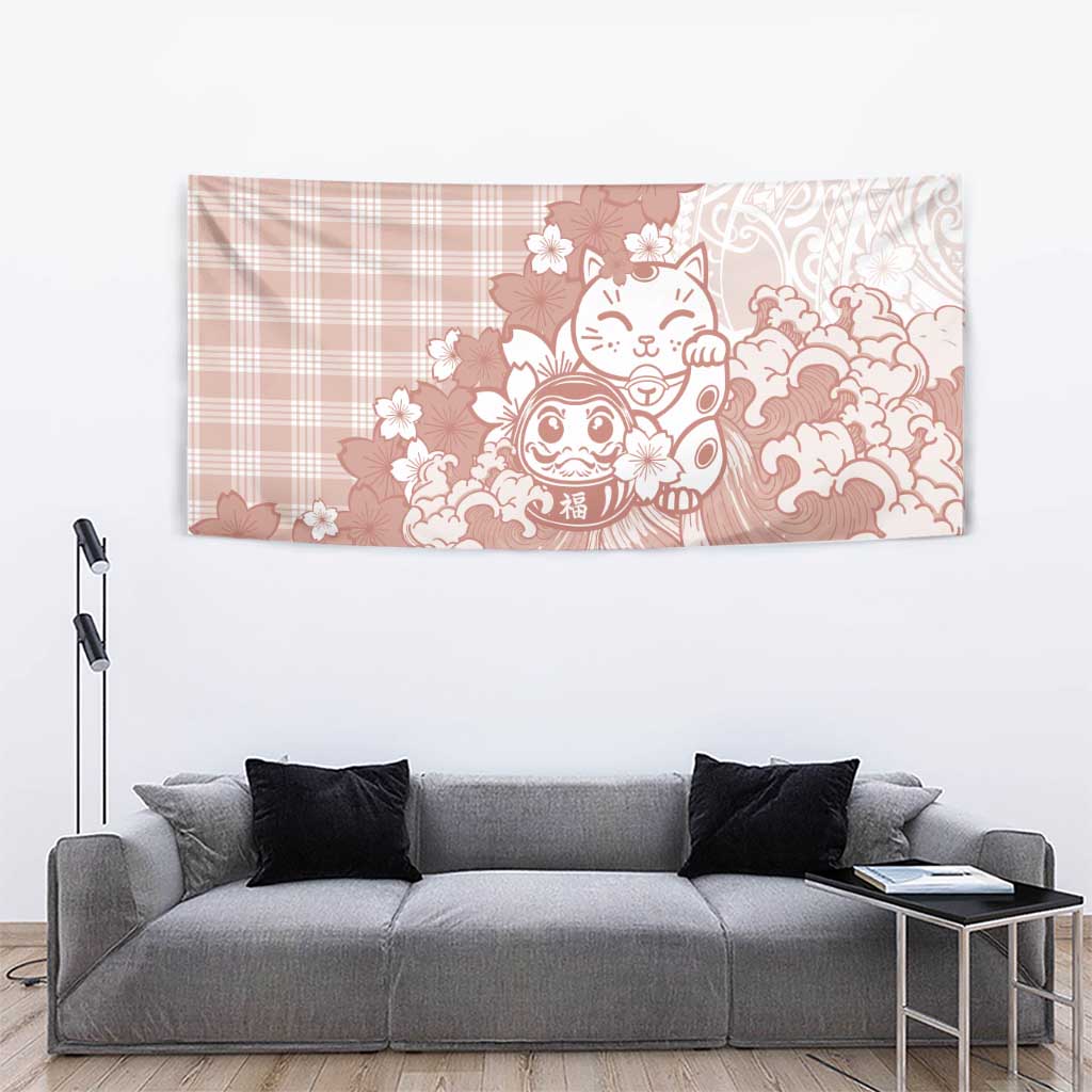 Beige Palaka Hawaiian And Japanese Tapestry Maneki Neko And Sakura Bloom DT05 - Polynesian Pride