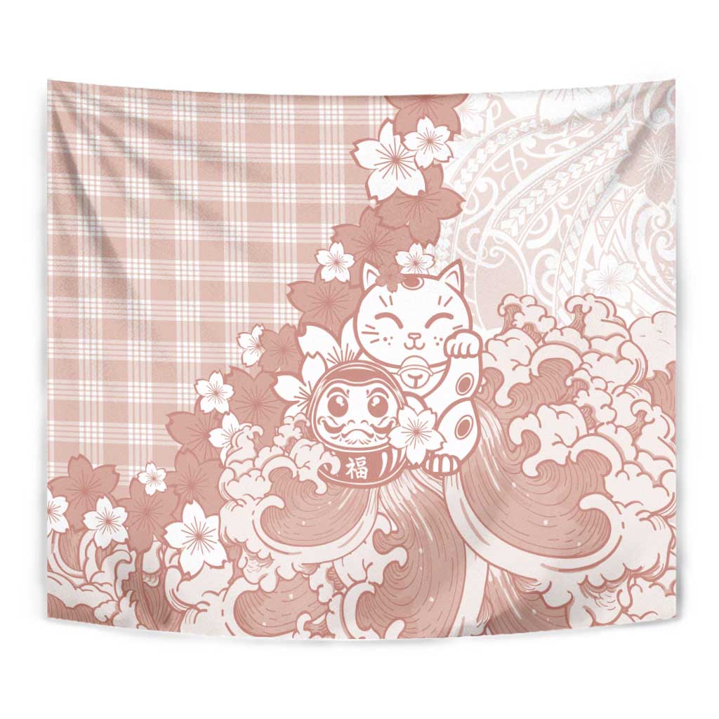 Beige Palaka Hawaiian And Japanese Tapestry Maneki Neko And Sakura Bloom DT05 - Polynesian Pride
