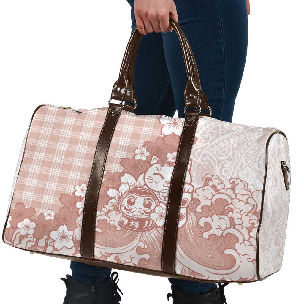 Beige Palaka Hawaiian And Japanese Travel Bag Maneki Neko And Sakura Bloom DT05 - Polynesian Pride