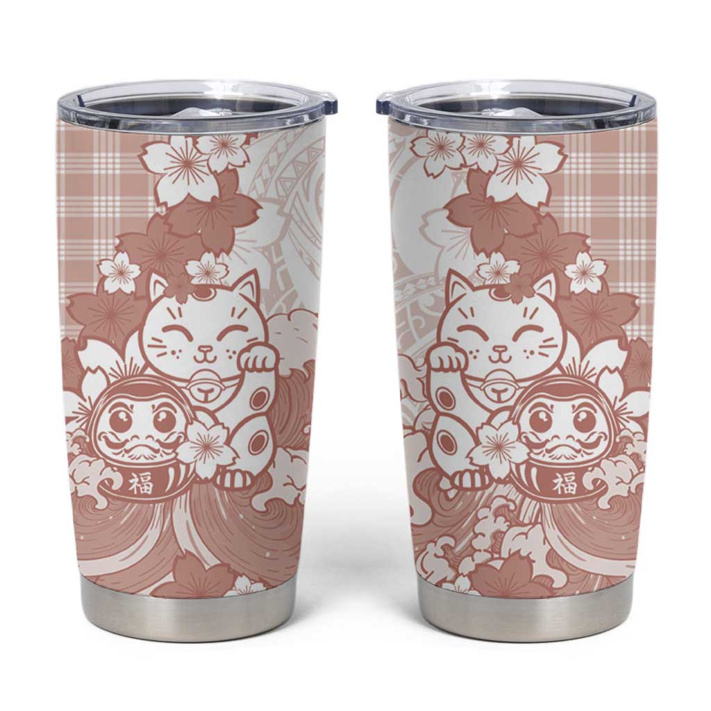 Beige Palaka Hawaiian And Japanese Tumbler Cup Maneki Neko And Sakura Bloom DT05 Beige - Polynesian Pride