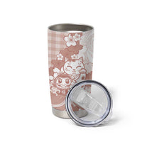 Beige Palaka Hawaiian And Japanese Tumbler Cup Maneki Neko And Sakura Bloom DT05 - Polynesian Pride