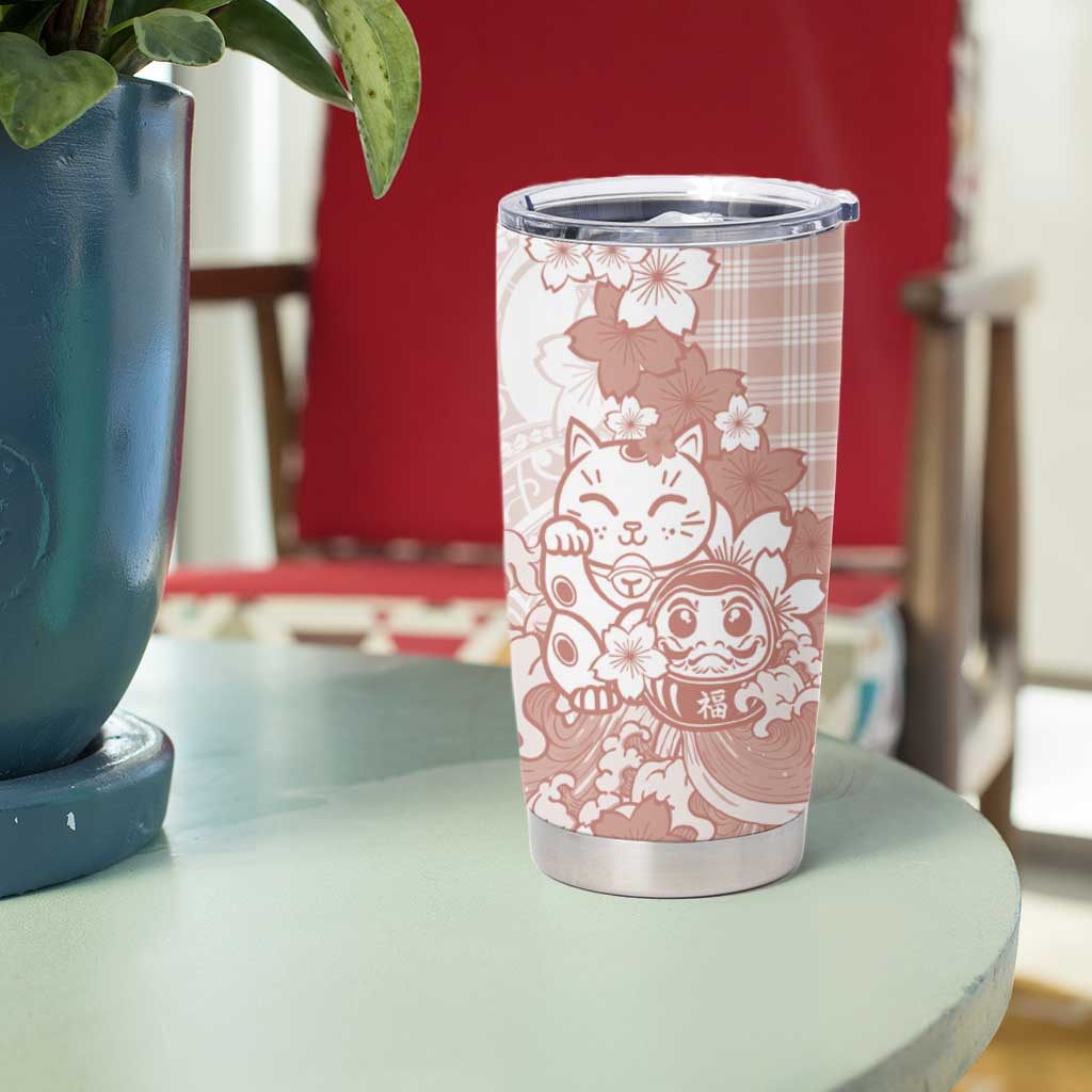 Beige Palaka Hawaiian And Japanese Tumbler Cup Maneki Neko And Sakura Bloom DT05 - Polynesian Pride