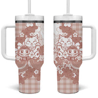 Beige Palaka Hawaiian And Japanese Tumbler With Handle Maneki Neko And Sakura Bloom DT05 One Size: 40 oz Beige - Polynesian Pride