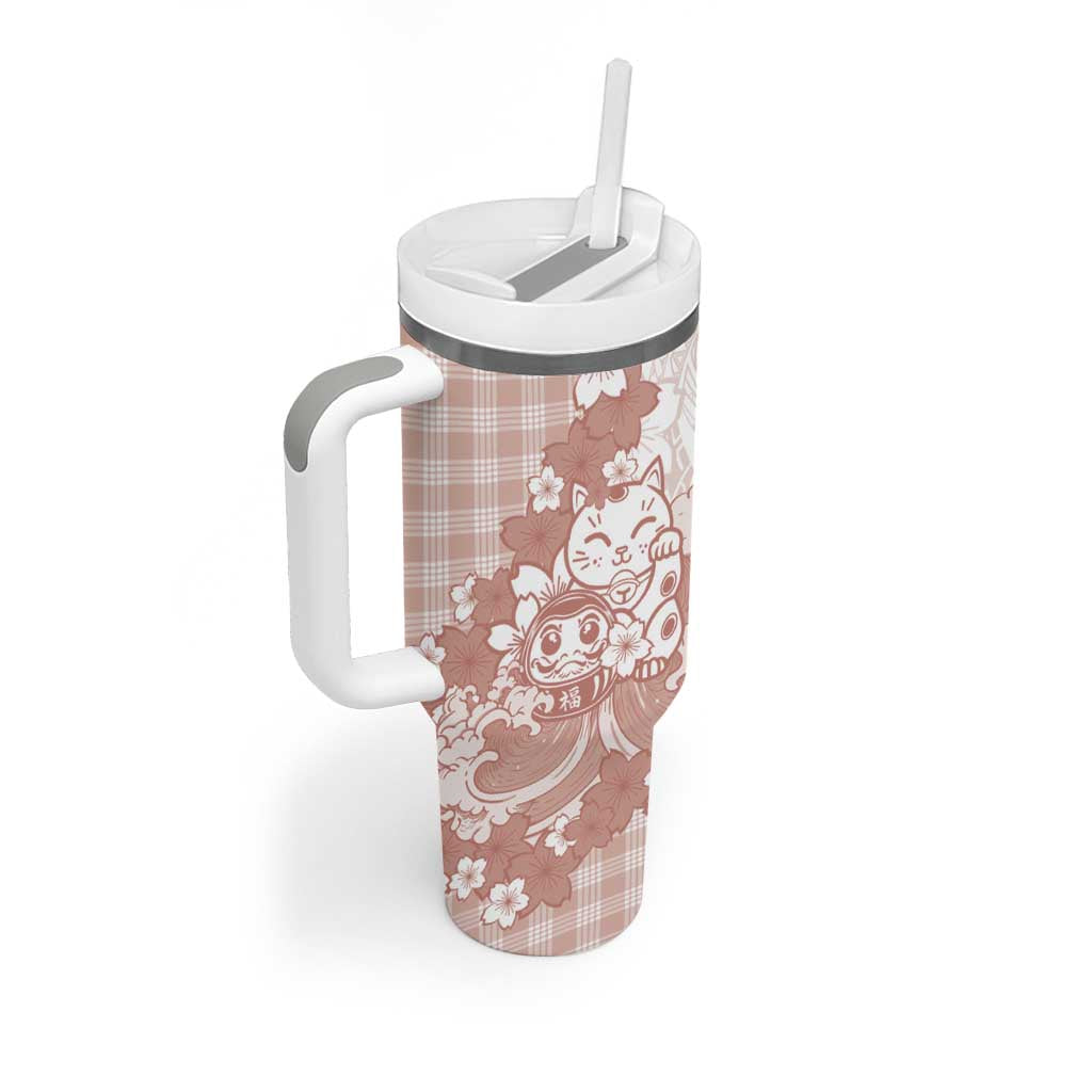 Beige Palaka Hawaiian And Japanese Tumbler With Handle Maneki Neko And Sakura Bloom DT05 - Polynesian Pride