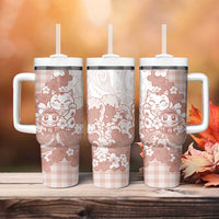 Beige Palaka Hawaiian And Japanese Tumbler With Handle Maneki Neko And Sakura Bloom DT05 - Polynesian Pride