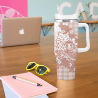 Beige Palaka Hawaiian And Japanese Tumbler With Handle Maneki Neko And Sakura Bloom DT05 - Polynesian Pride