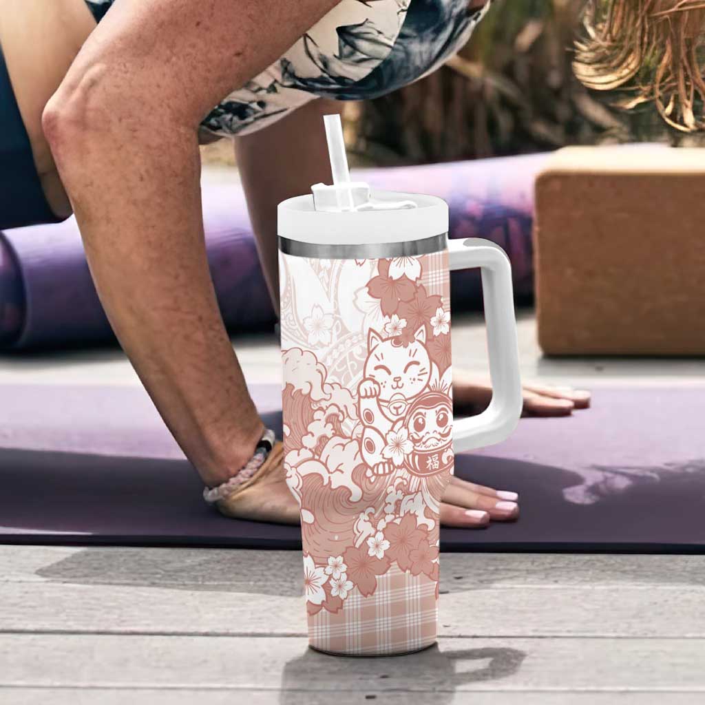 Beige Palaka Hawaiian And Japanese Tumbler With Handle Maneki Neko And Sakura Bloom DT05 - Polynesian Pride