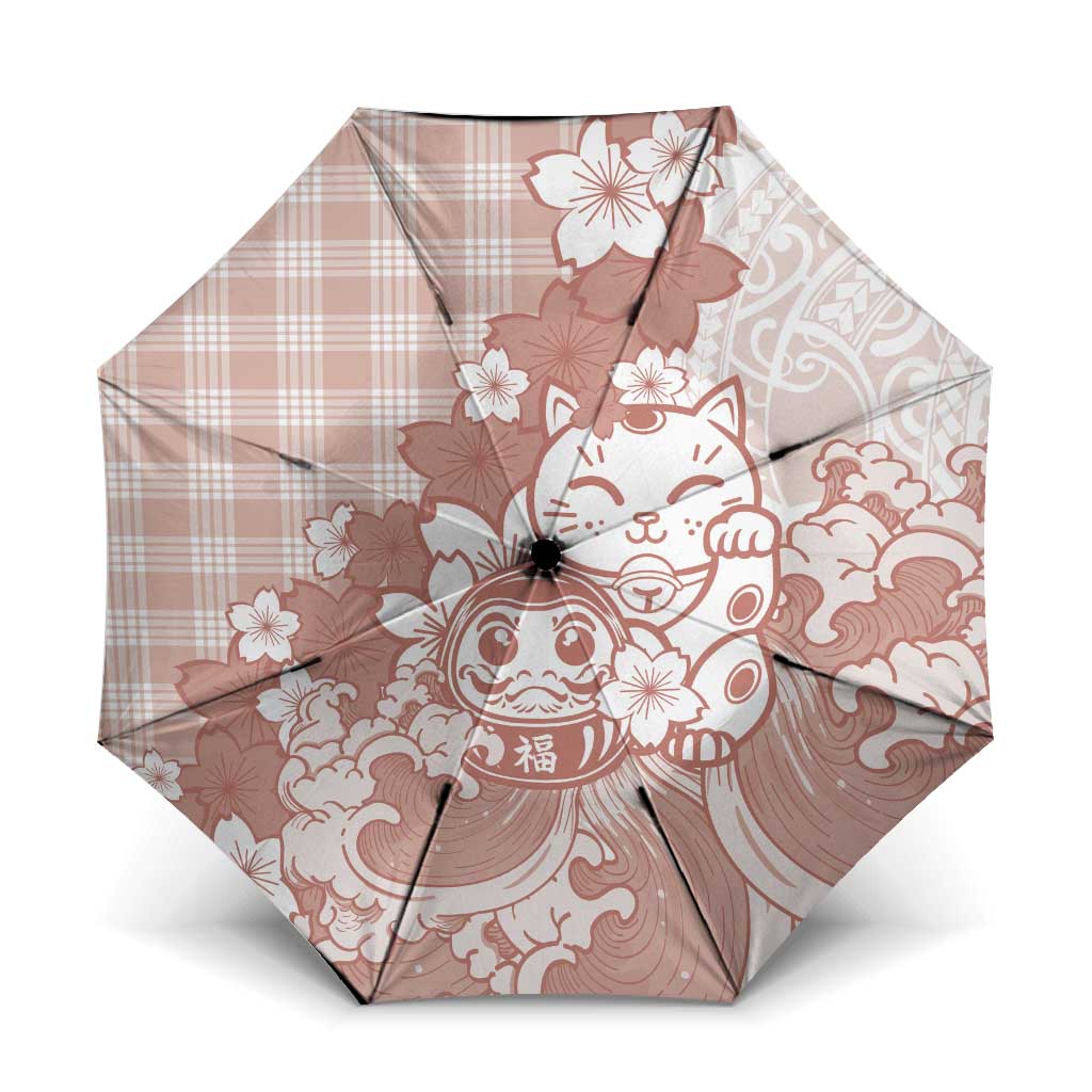 Beige Palaka Hawaiian And Japanese Umbrella Maneki Neko And Sakura Bloom DT05 One Size Folded 11.42 inch Opened Diameter 37.4 inch Beige - Polynesian Pride