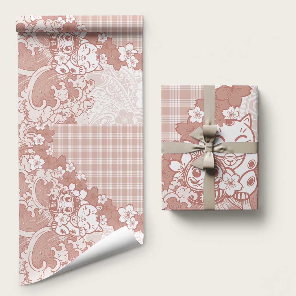 Beige Palaka Hawaiian And Japanese Wrapping Paper Maneki Neko And Sakura Bloom DT05 58" × 23" Beige - Polynesian Pride