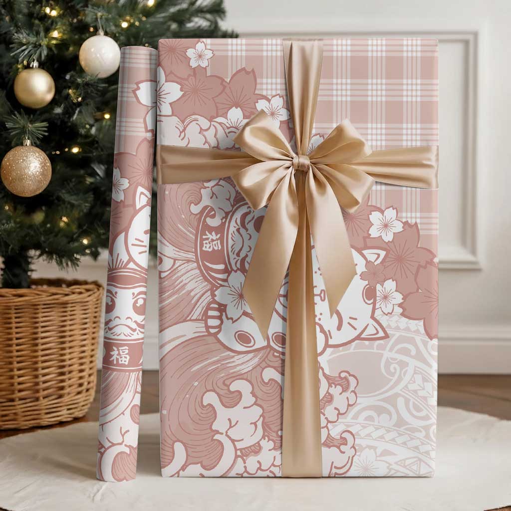 Beige Palaka Hawaiian And Japanese Wrapping Paper Maneki Neko And Sakura Bloom DT05 - Polynesian Pride