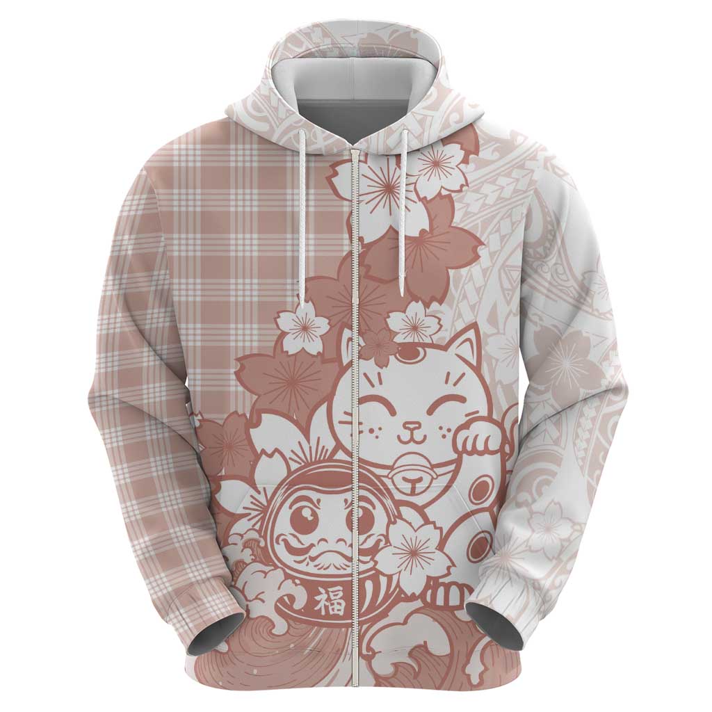 Beige Palaka Hawaiian And Japanese Zip Hoodie Maneki Neko And Sakura Bloom DT05 - Polynesian Pride