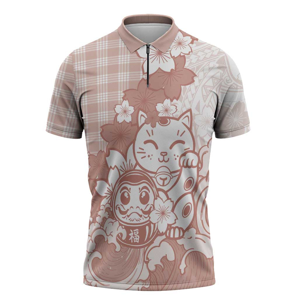 Beige Palaka Hawaiian And Japanese Zipper Polo Shirt Maneki Neko And Sakura Bloom DT05 Beige - Polynesian Pride