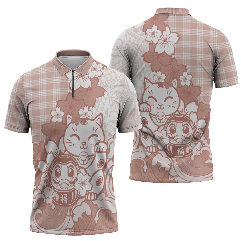 Beige Palaka Hawaiian And Japanese Zipper Polo Shirt Maneki Neko And Sakura Bloom DT05 - Polynesian Pride
