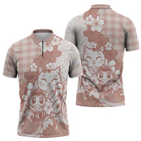 Beige Palaka Hawaiian And Japanese Zipper Polo Shirt Maneki Neko And Sakura Bloom DT05 - Polynesian Pride