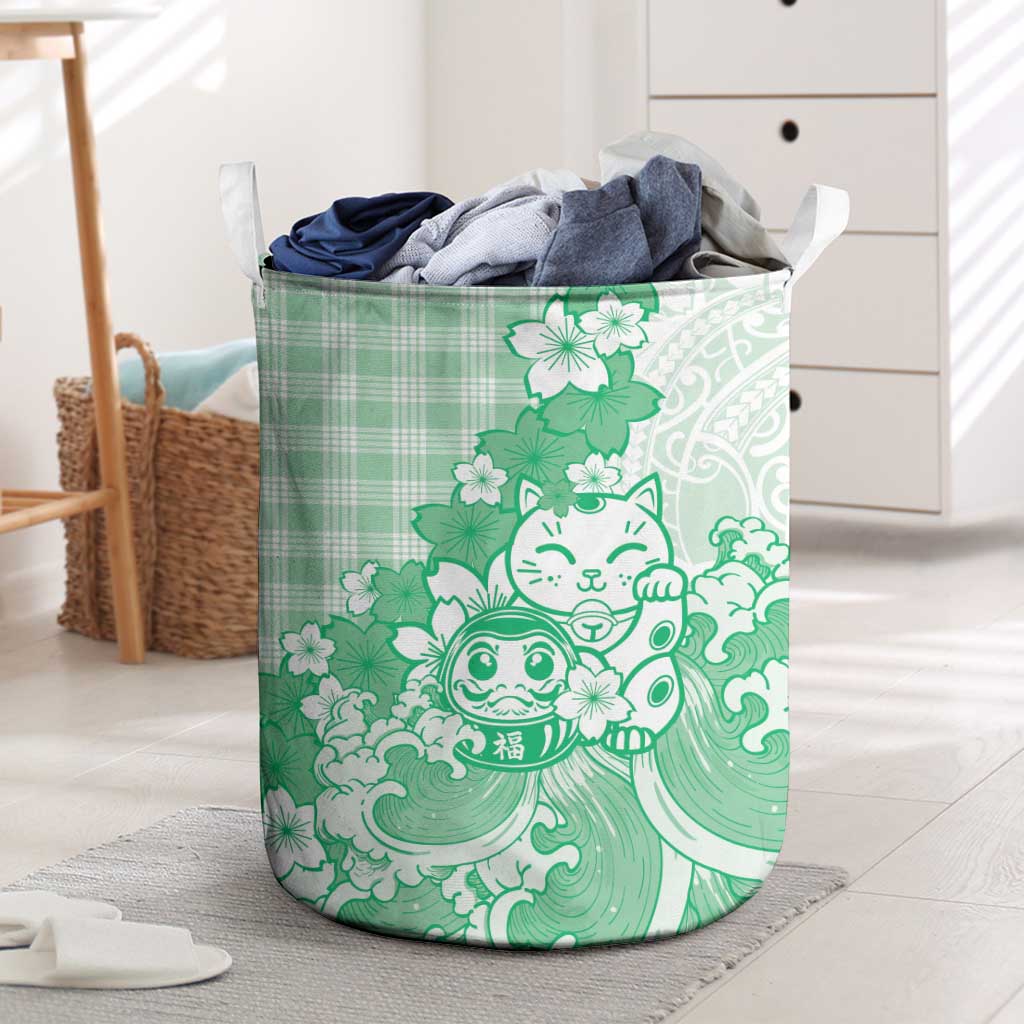 Green Palaka Hawaiian And Japanese Laundry Basket Maneki Neko And Sakura Bloom DT05 Green - Polynesian Pride