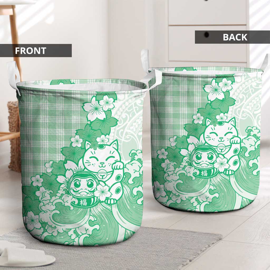 Green Palaka Hawaiian And Japanese Laundry Basket Maneki Neko And Sakura Bloom DT05 - Polynesian Pride