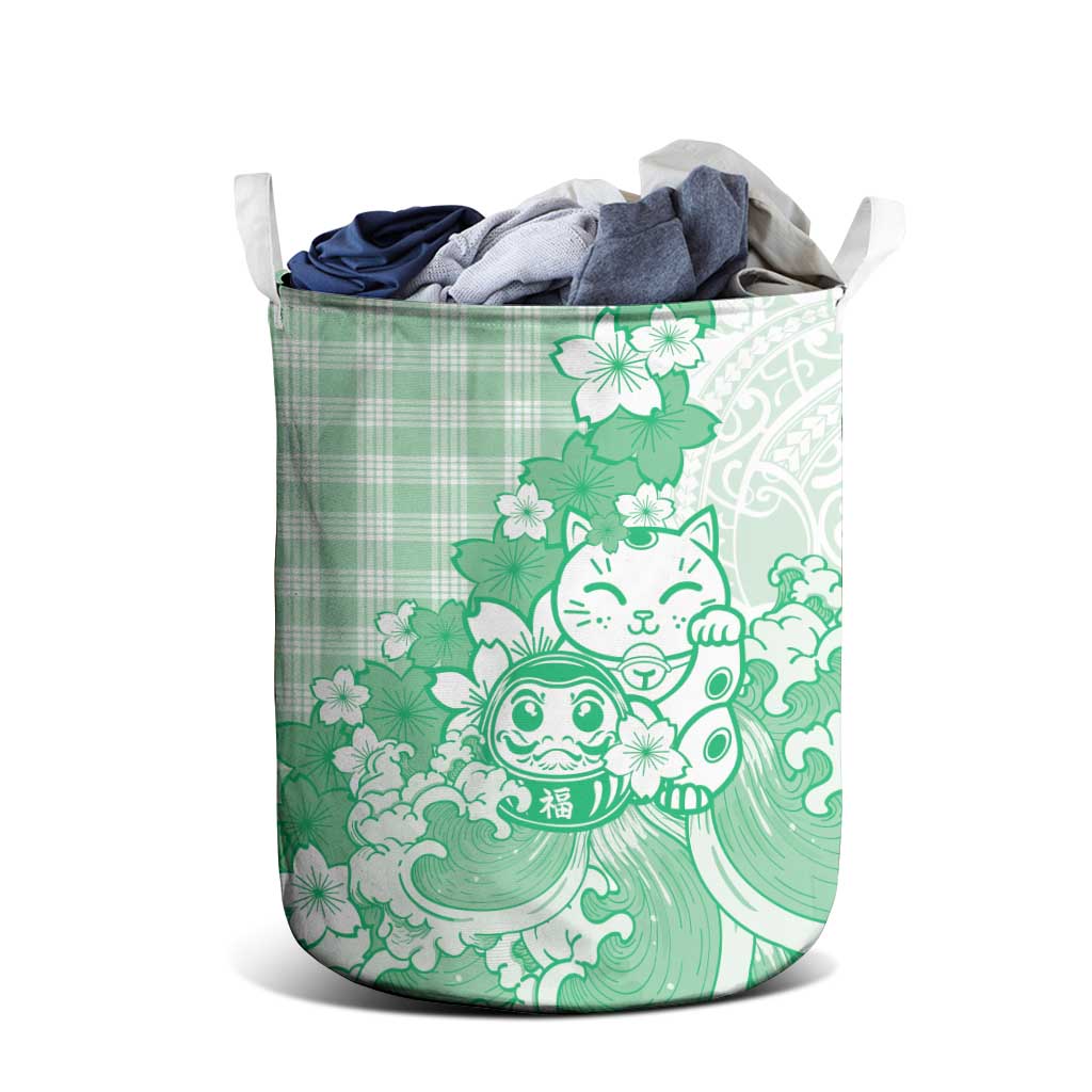 Green Palaka Hawaiian And Japanese Laundry Basket Maneki Neko And Sakura Bloom DT05 - Polynesian Pride